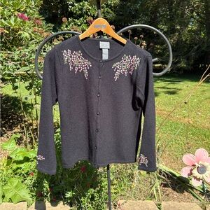 Vintage 90s y2k Designers Originals Black Cardigan with Pink Floral embroidery